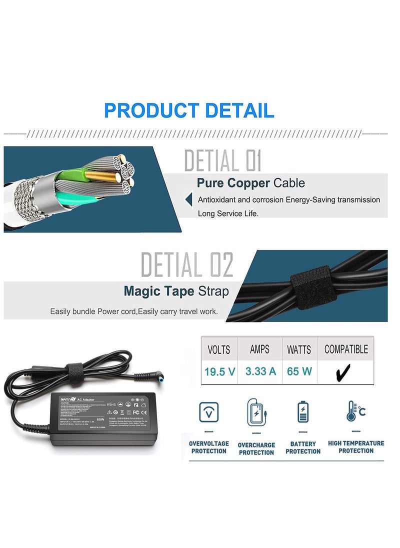Anmi - 65W 45W Laptop Charger Replacement for HP pavilion 11 13 14 15 17;HP Stream 11 13 14;HP Spectre X360;HP Chromebook 11 14 Ac Adapter Power Supply via blue tip - Image 1