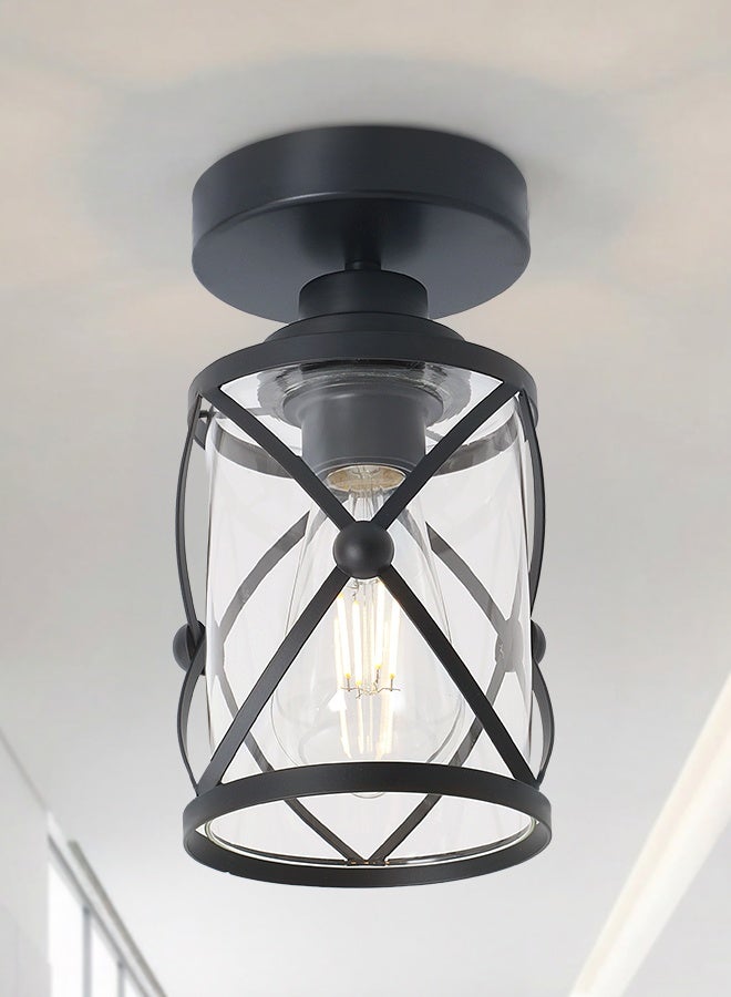 YATAI LIGHTING Industrial Semi Flush Mount Ceiling Light, Black Lantern Cage Glass Fixture, E27 Bulb Included, Vintage Farmhouse Ceiling Lamp for Kitchen, Hallway, and Entryway - Image 1
