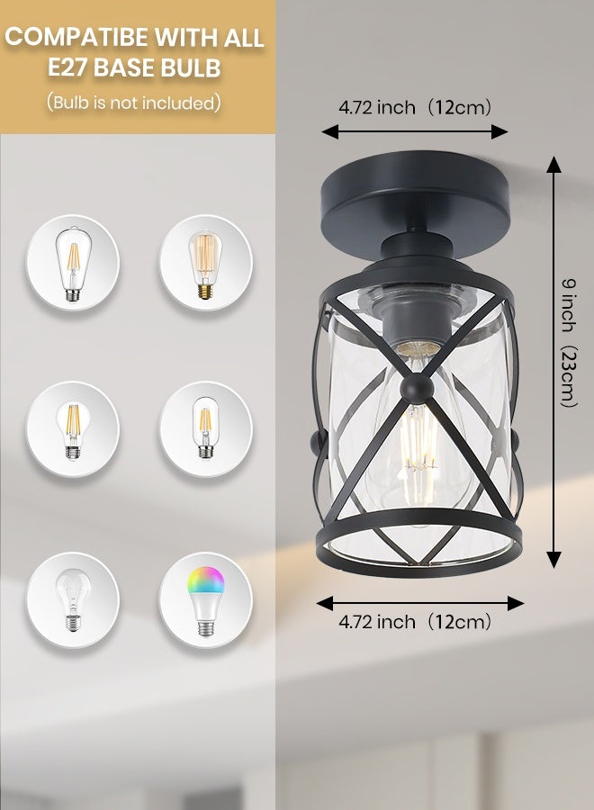 YATAI LIGHTING Industrial Semi Flush Mount Ceiling Light, Black Lantern Cage Glass Fixture, E27 Bulb Included, Vintage Farmhouse Ceiling Lamp for Kitchen, Hallway, and Entryway - Image 3