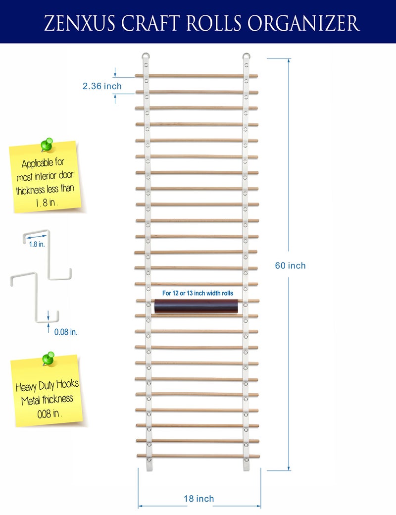 ZENXUS حامل لفائف زينكسوس، 25 لفافة، تخزين وتنظيم لفائف الحرف، أحزمة قطنية وقضبان خشبية، مع خطافات تعليق على الباب - Image 2