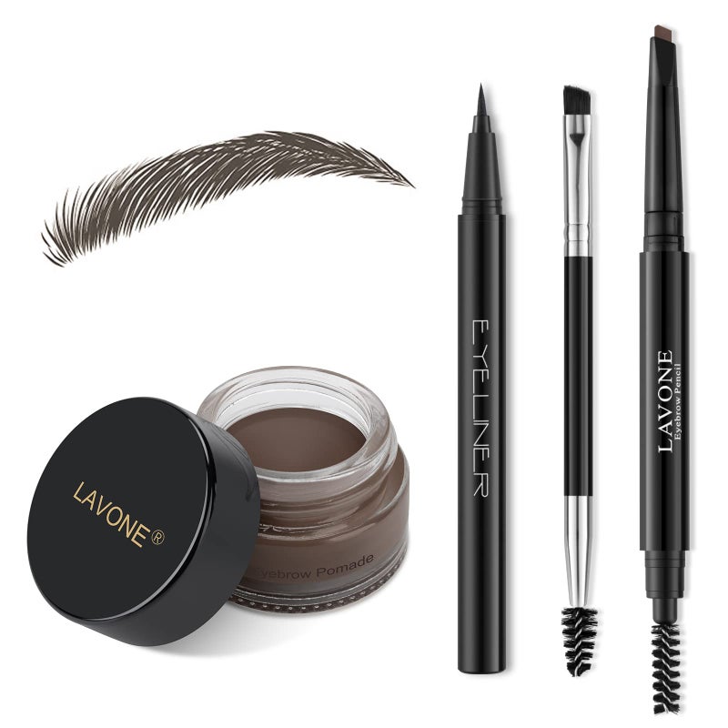 LAVONE Eyebrow Stamp Pencil Kit for Eyebrows Makeup Brow Stamp Trio Kit with Waterproof Eyebrow Pencil Eyeliner Eyebrow Pomade and Dualended Eyebrow Brush  Black Brown