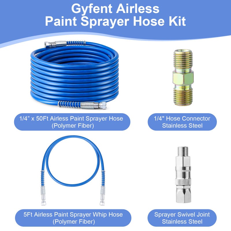 Gyfent 50Ft x 1/4" Airless Paint Sprayer Hose, 8500PSI High Pressure Airless Paint Spray Hose with 5Ft Whip Hose & 1/4" Hose Connector & Sprayer Swivel Joint for Airless Spraying Machine - Image 3