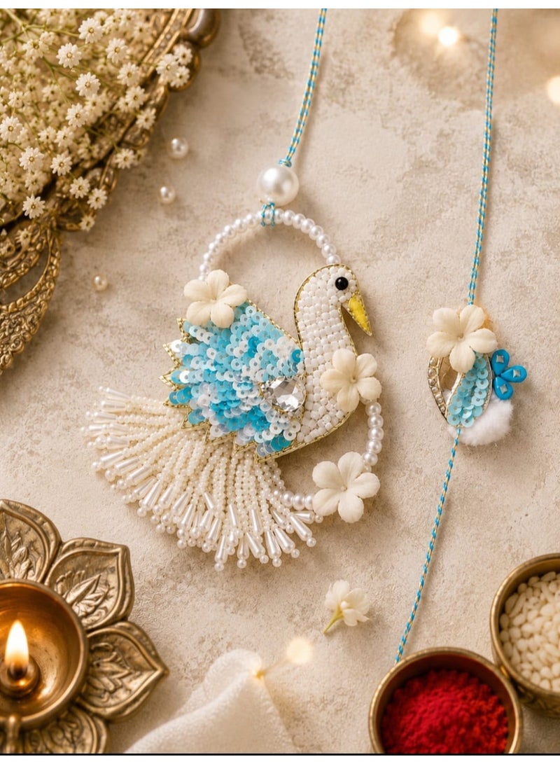 Beaded Rakhi Set for Bhai and Bhabhi, Dove/Swan Design