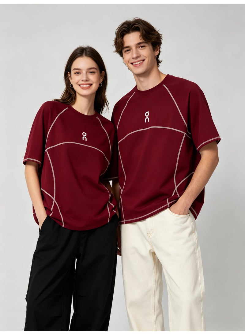 اون راننج On Running Unisex Burgundy Contrast Stitch Line Short Sleeve T-Shirt, Quick Dry Crew Neck Athletic Tee with Embroidered Logo, Couple Casual Sports Top - Image 4