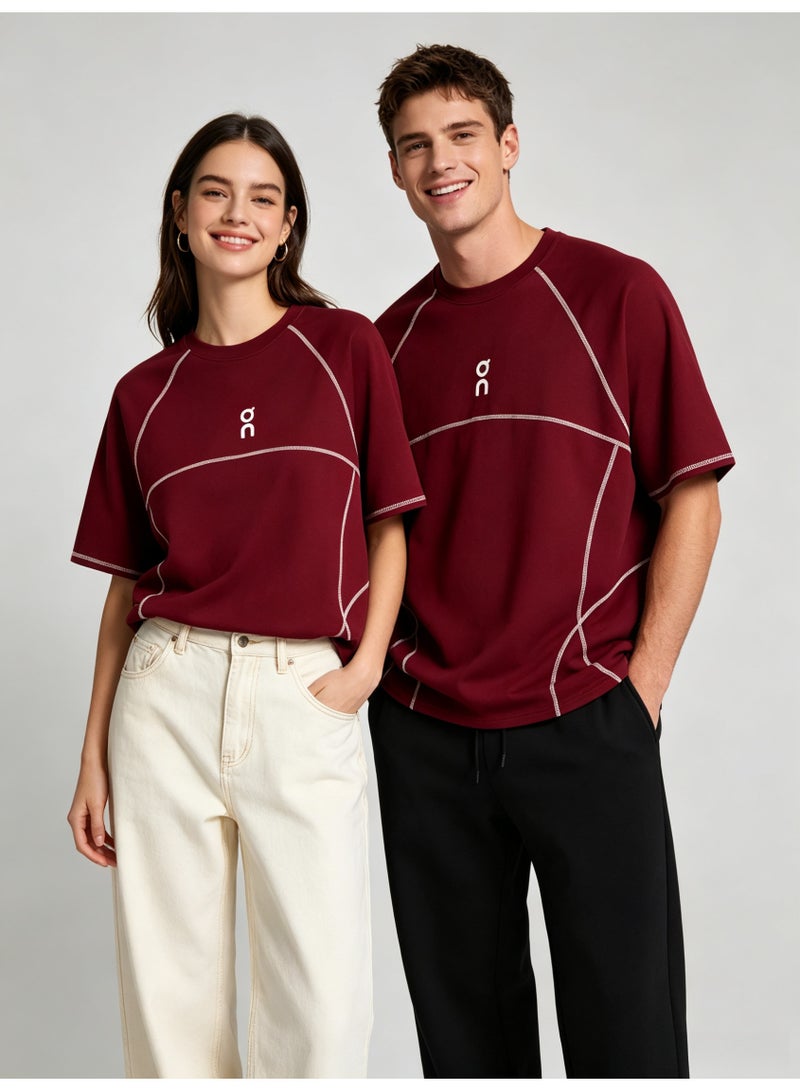 اون راننج On Running Unisex Burgundy Contrast Stitch Line Short Sleeve T-Shirt, Quick Dry Crew Neck Athletic Tee with Embroidered Logo, Couple Casual Sports Top - Image 1