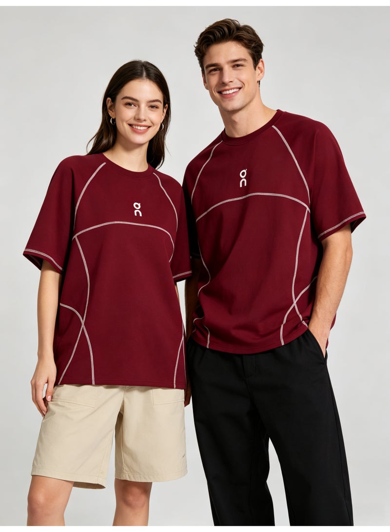 اون راننج On Running Unisex Burgundy Contrast Stitch Line Short Sleeve T-Shirt, Quick Dry Crew Neck Athletic Tee with Embroidered Logo, Couple Casual Sports Top - Image 5