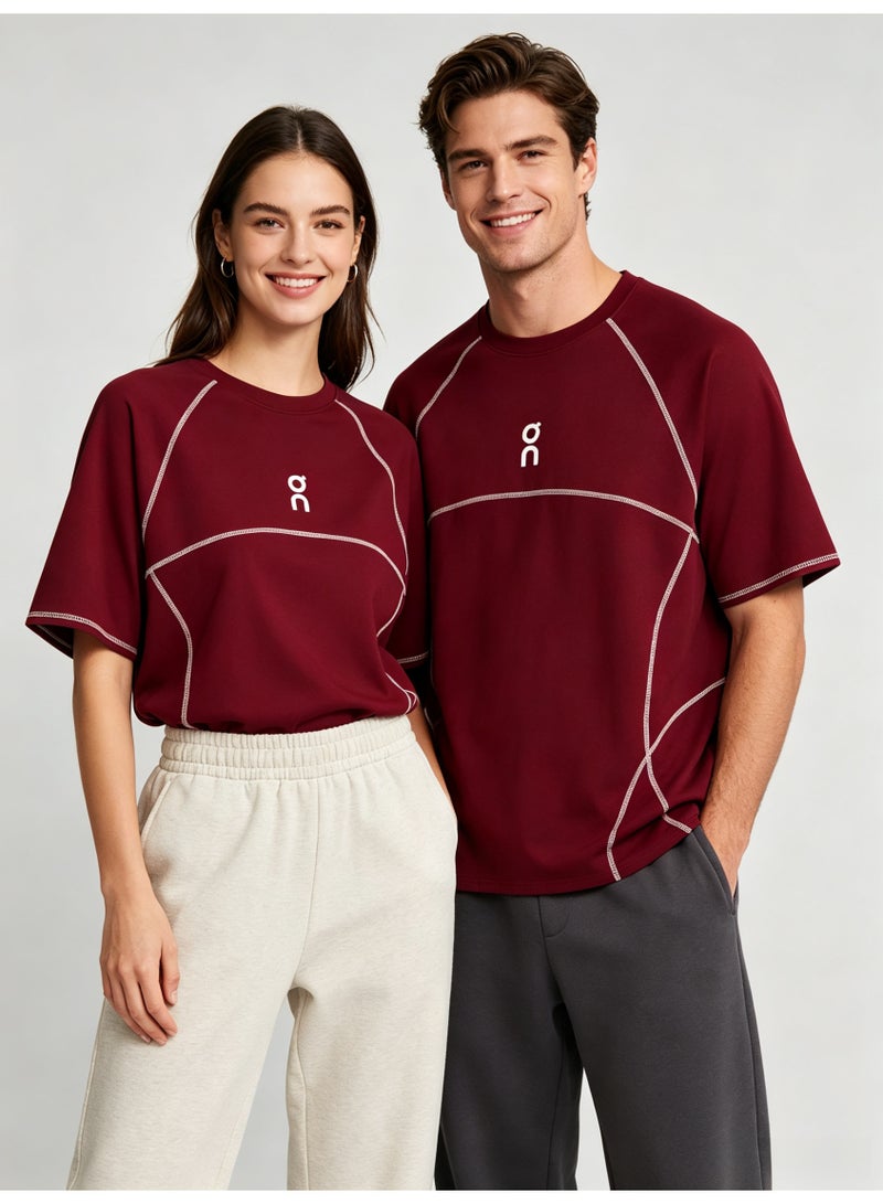 اون راننج On Running Unisex Burgundy Contrast Stitch Line Short Sleeve T-Shirt, Quick Dry Crew Neck Athletic Tee with Embroidered Logo, Couple Casual Sports Top - Image 2