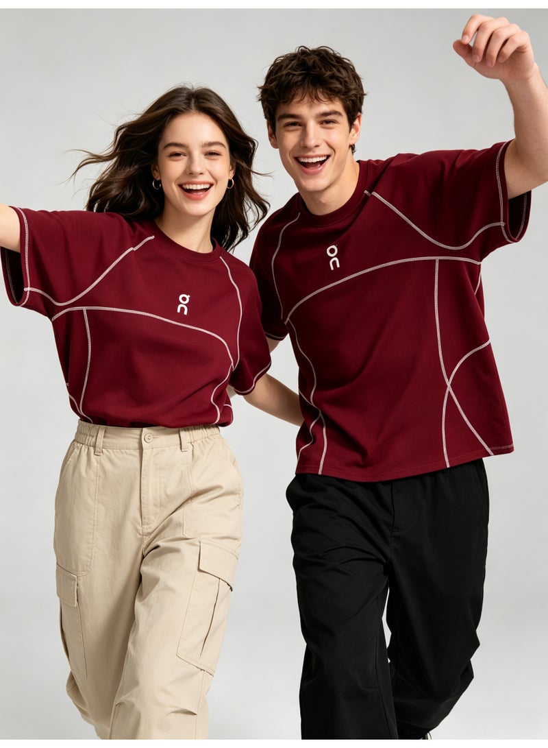 اون راننج On Running Unisex Burgundy Contrast Stitch Line Short Sleeve T-Shirt, Quick Dry Crew Neck Athletic Tee with Embroidered Logo, Couple Casual Sports Top - Image 3