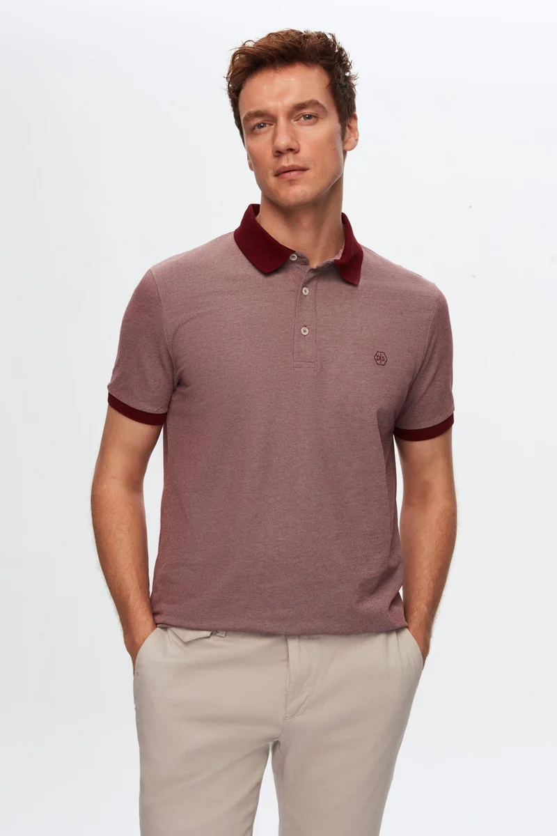 D'S DAMAT Regular Fit Claret Red Polo Neck Embroidered Cotton Blend T-Shirt 8HC14ORT52000