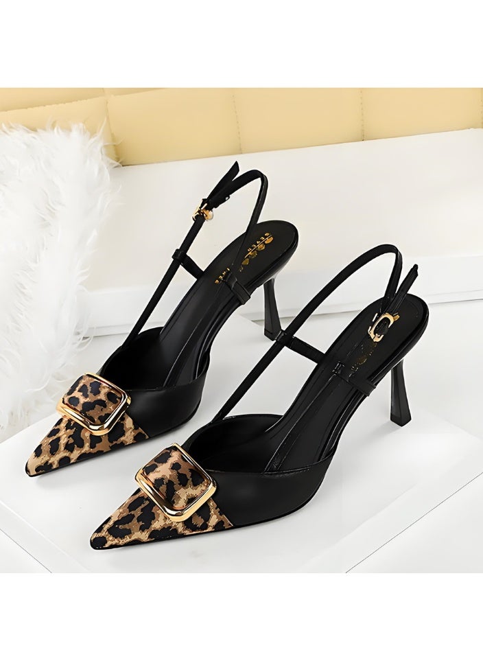 BIGTREE Women's Closed Pointed Toe Pumps Slingback Stiletto High Heel Sandals With Ankle Strap Black/Leopard Print 8CM - Image 1