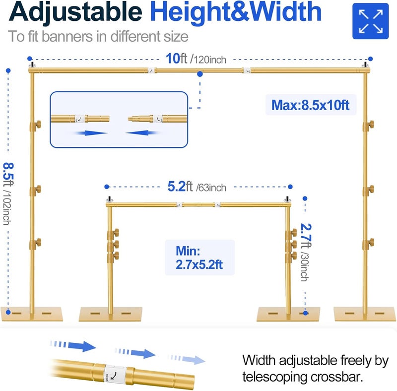 Heavy Duty Background Stand, 8.5x10ft/2.6x3m Adjustable Backdrop Support System Kit with Steel Base for Photography, Photo Video Studio, Birthday Parties Wedding Decoration -Gold - Image 2