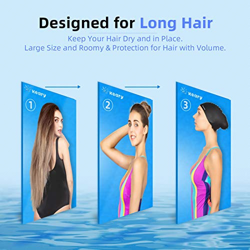Keary 2 Pack Silicone Swim Cap for Long Hair Women Girl Men Waterproof Bathing Pool Swimming Cap Cover Ears to Keep Your Hair Dry, 3D Soft Stretchable Durable and Anti-Slip, Easy to Put On and Off - Image 2