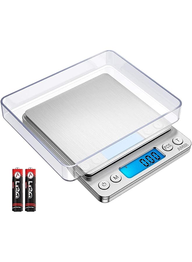 PROMASS Digital Kitchen Scale, 500g Mini Pocket Jewelry Scale, Cooking Food Scale, Back-Lit LCD Display, 2 Trays, 6 Units, Auto Off, Tare, PCS, Stainless Steel, Batteries Included - Image 1