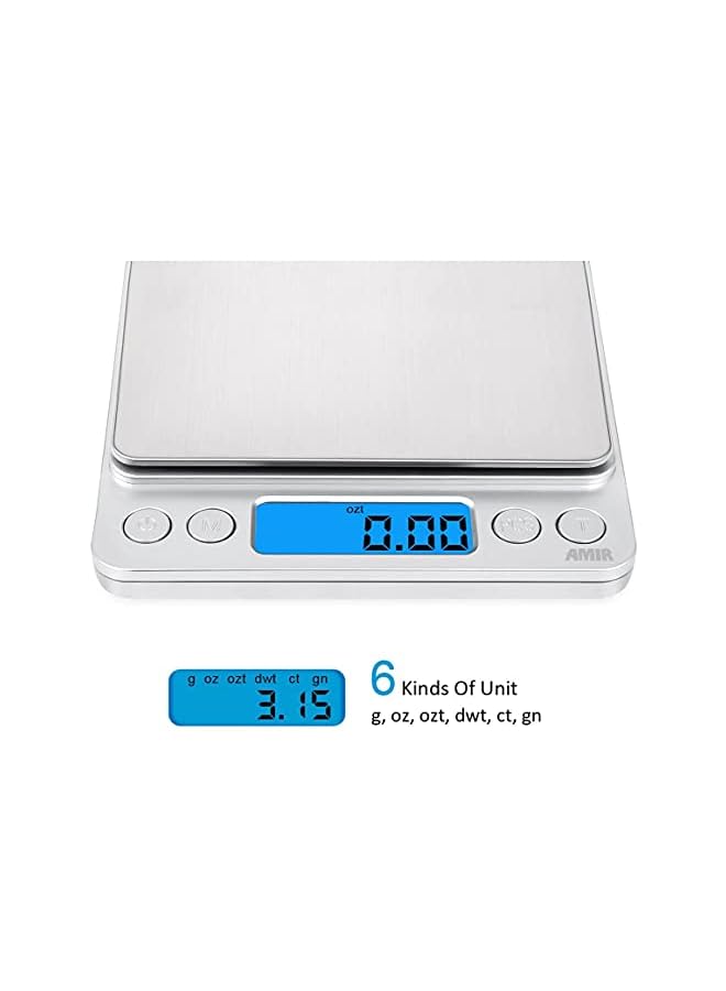 PROMASS Digital Kitchen Scale, 500g Mini Pocket Jewelry Scale, Cooking Food Scale, Back-Lit LCD Display, 2 Trays, 6 Units, Auto Off, Tare, PCS, Stainless Steel, Batteries Included - Image 2
