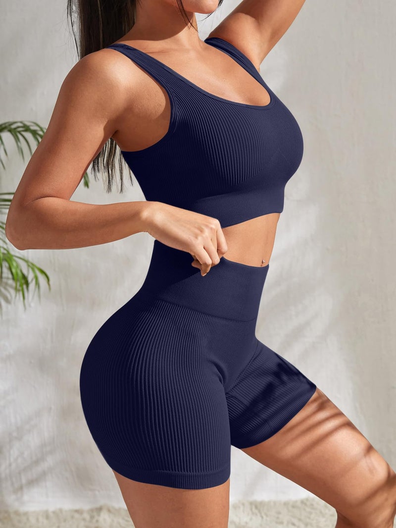 YWBIN 4 Piece Workout Sets for Women Seamless Ribbed High Waist Yoga shorts with Sports Bra Outfits - Image 2