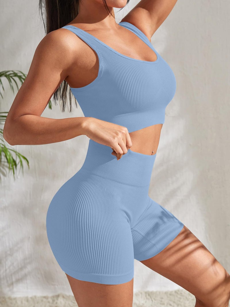 YWBIN 4 Piece Workout Sets for Women Seamless Ribbed High Waist Yoga shorts with Sports Bra Outfits - Image 4