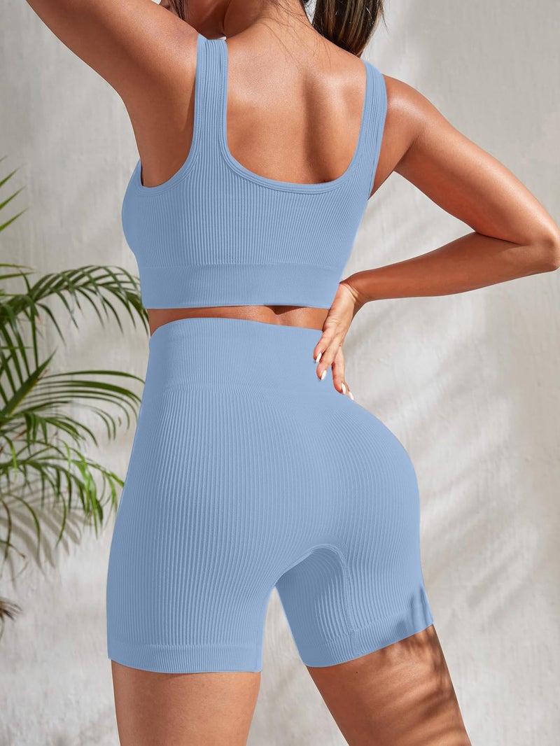 YWBIN 4 Piece Workout Sets for Women Seamless Ribbed High Waist Yoga shorts with Sports Bra Outfits - Image 5