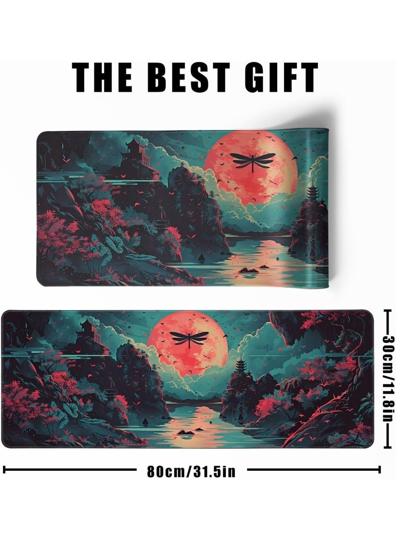 Japanese Desk Mat Riverside Full Moon Desk Pad Psychedelic Mlarge , Mouse Pad Dragonfly Gaming Mousepad Extended Large Keyboard Pad 70 x 30 cm x 2mm with Stitched Edges Non-Slip, Large Keyboard Mat for Desktop Computer Laptop Work Home Cute Office Desk Accessories - Image 3