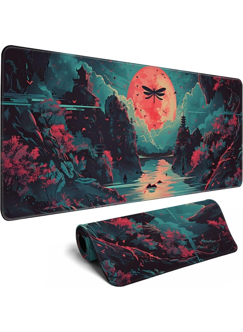 Japanese Desk Mat Riverside Full Moon Desk Pad Psychedelic Mlarge , Mouse Pad Dragonfly Gaming Mousepad Extended Large Keyboard Pad 70 x 30 cm x 2mm with Stitched Edges Non-Slip, Large Keyboard Mat for Desktop Computer Laptop Work Home Cute Office Desk Accessories - Image 1