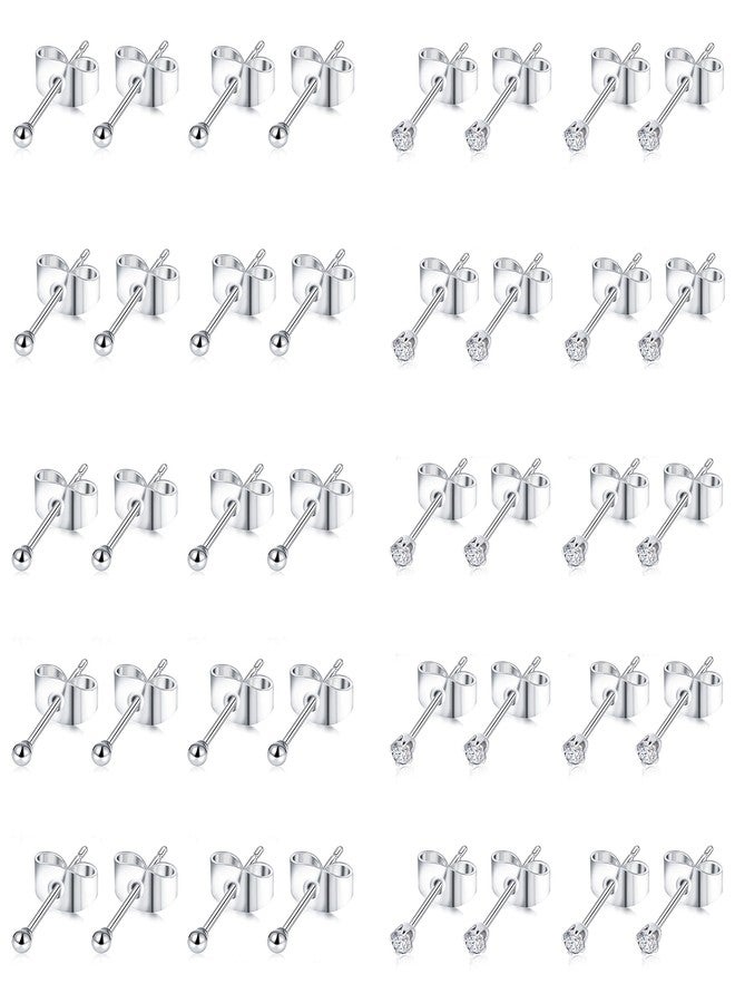 Tornito 20 Pairs 20G 2mm Tiny Stud Earrings 316L Stainless Steel Small CZ Ball Earring Set For Men Women - Image 1