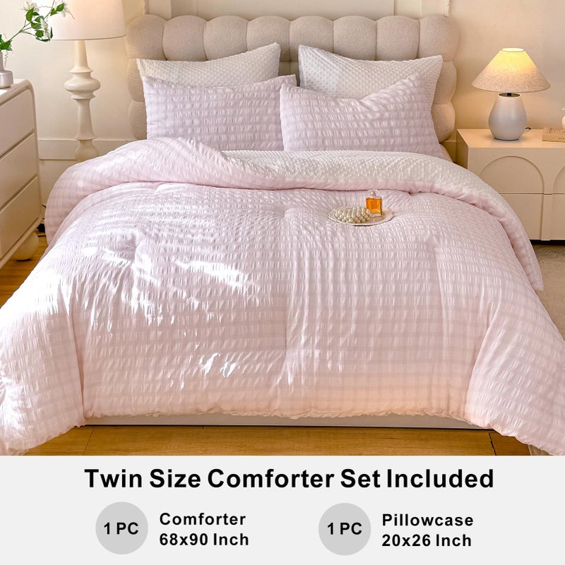 tohrisa Boho Comforter Set Twin Size - 2 Pieces Lightweight Jacquard Seersucker Bedding Sets (1 Soft Fluffy Grid Comforter & 1 Pillowcase) - All Seasons Cozy Modern Bed Set(68"x90" Blush Pink) - Image 5