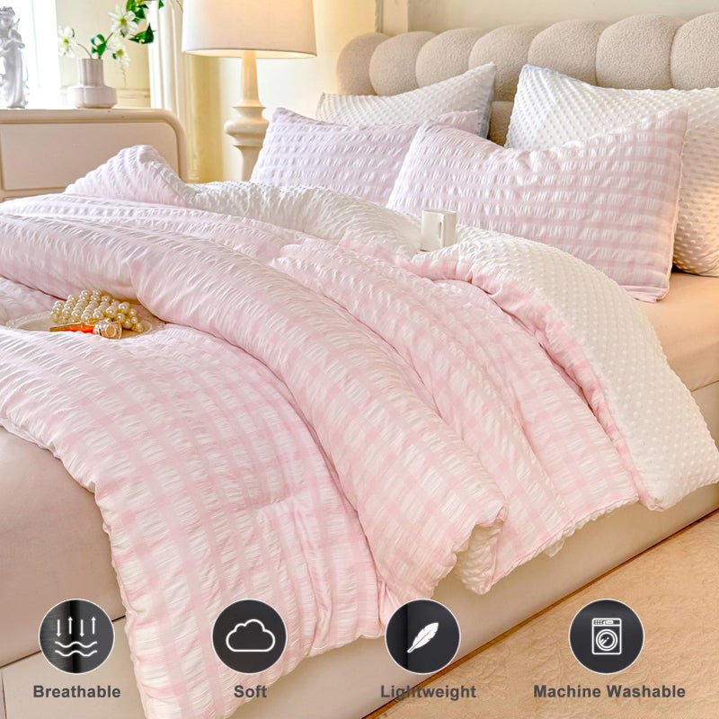 tohrisa Boho Comforter Set Twin Size - 2 Pieces Lightweight Jacquard Seersucker Bedding Sets (1 Soft Fluffy Grid Comforter & 1 Pillowcase) - All Seasons Cozy Modern Bed Set(68"x90" Blush Pink) - Image 4
