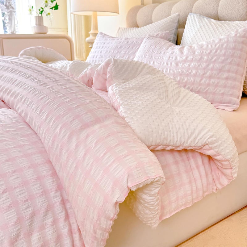 tohrisa Boho Comforter Set Twin Size - 2 Pieces Lightweight Jacquard Seersucker Bedding Sets (1 Soft Fluffy Grid Comforter & 1 Pillowcase) - All Seasons Cozy Modern Bed Set(68"x90" Blush Pink) - Image 1