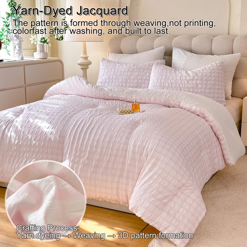 tohrisa Boho Comforter Set Twin Size - 2 Pieces Lightweight Jacquard Seersucker Bedding Sets (1 Soft Fluffy Grid Comforter & 1 Pillowcase) - All Seasons Cozy Modern Bed Set(68"x90" Blush Pink) - Image 2