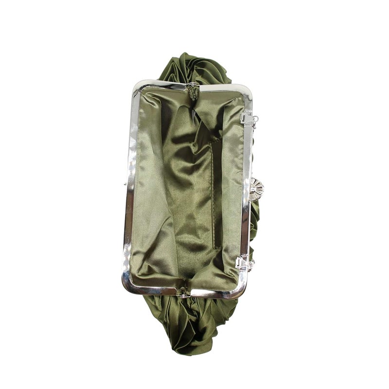 Tngan Women Pleated Satin Clutch Bride Purse Elegant Rhinestone Evening Bag Banquet Party Handbag, Army Green A - Image 5