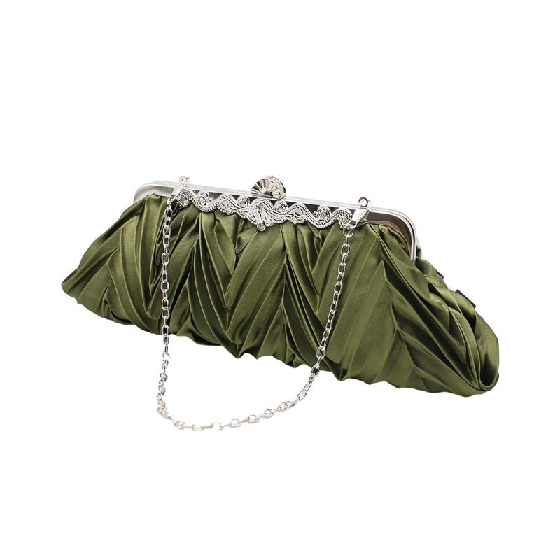 Tngan Women Pleated Satin Clutch Bride Purse Elegant Rhinestone Evening Bag Banquet Party Handbag, Army Green A - Image 3