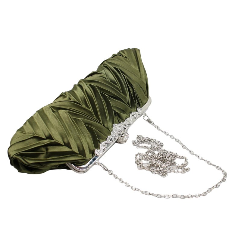 Tngan Women Pleated Satin Clutch Bride Purse Elegant Rhinestone Evening Bag Banquet Party Handbag, Army Green A - Image 4