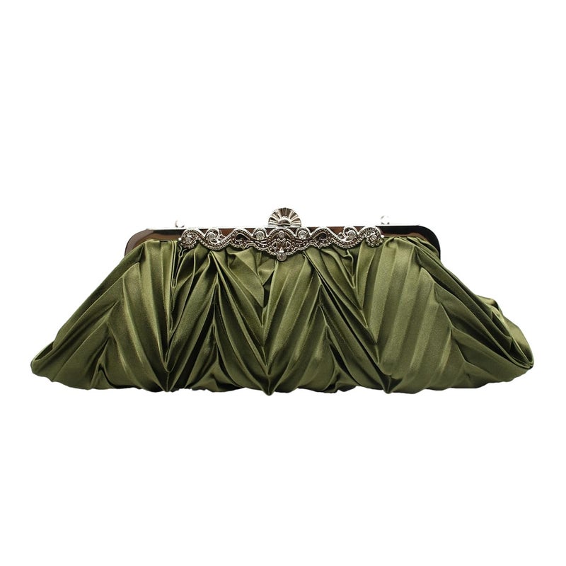 Tngan Women Pleated Satin Clutch Bride Purse Elegant Rhinestone Evening Bag Banquet Party Handbag, Army Green A - Image 1