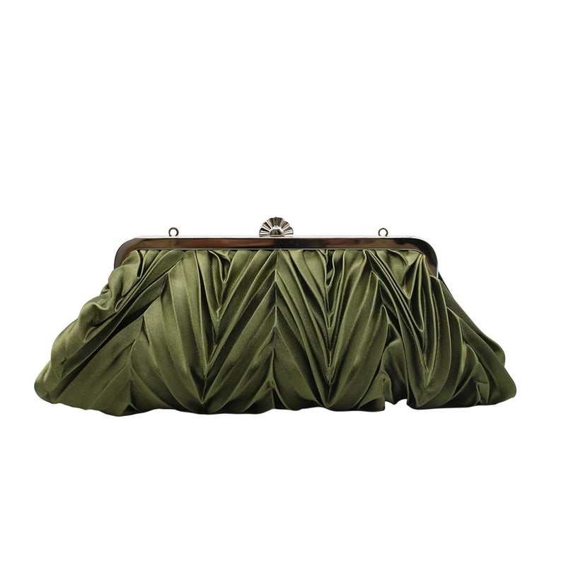 Tngan Women Pleated Satin Clutch Bride Purse Elegant Rhinestone Evening Bag Banquet Party Handbag, Army Green A - Image 2