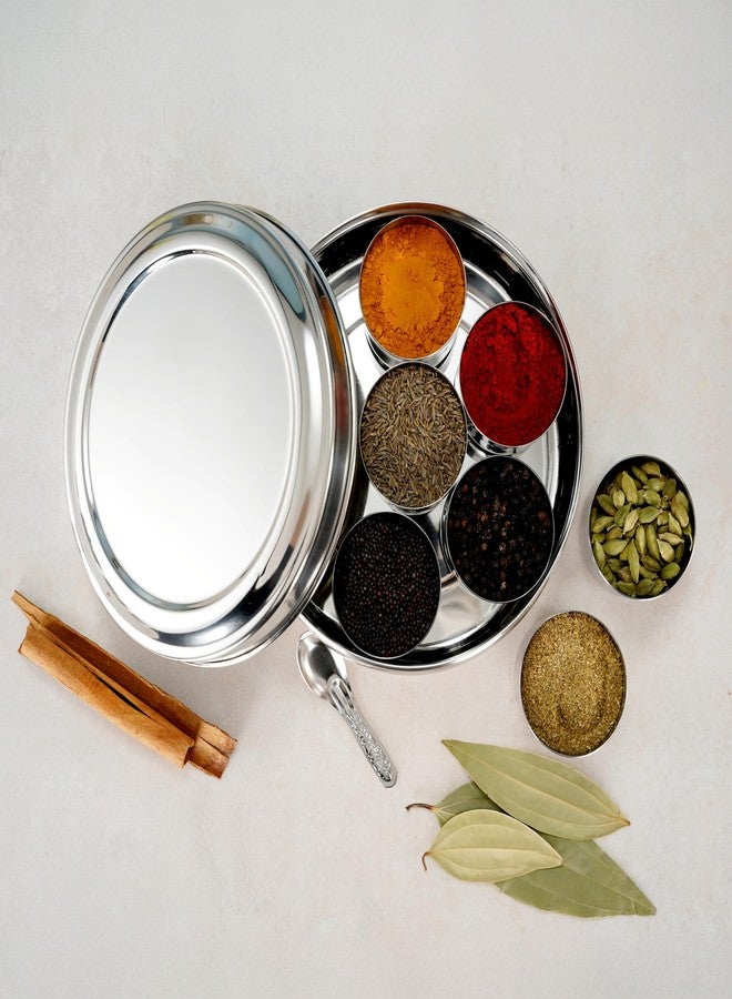 Aavjo O Stainless Steel Masala Dabba Spice Box Organizer Airtight Storage for Kitchen | 9 Piece Masala Container Set |7 Bowls and 1 Spoon| Large 2000 ml - Image 1