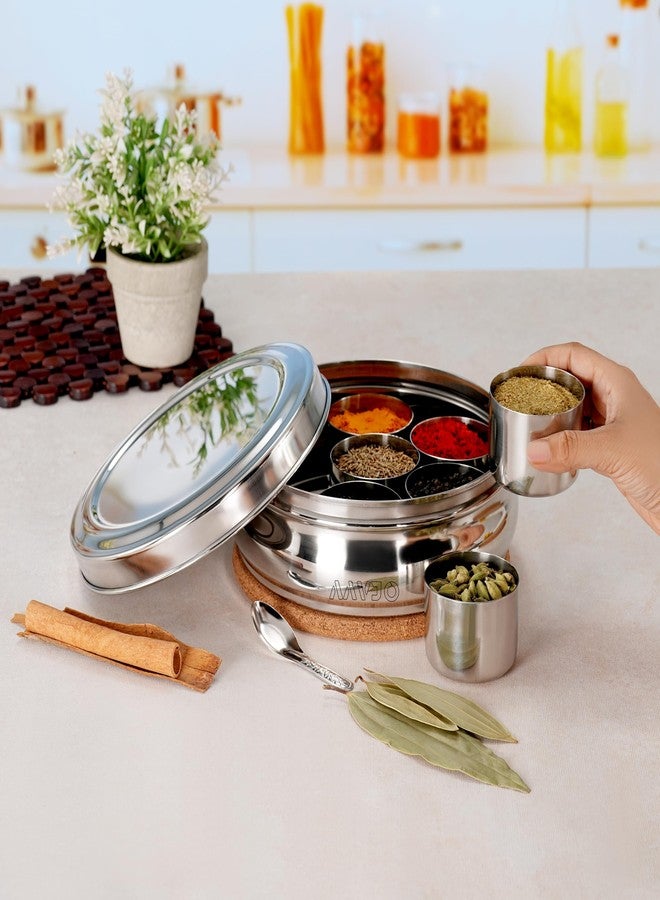 Aavjo O Stainless Steel Masala Dabba Spice Box Organizer Airtight Storage for Kitchen | 9 Piece Masala Container Set |7 Bowls and 1 Spoon| Large 2000 ml - Image 3