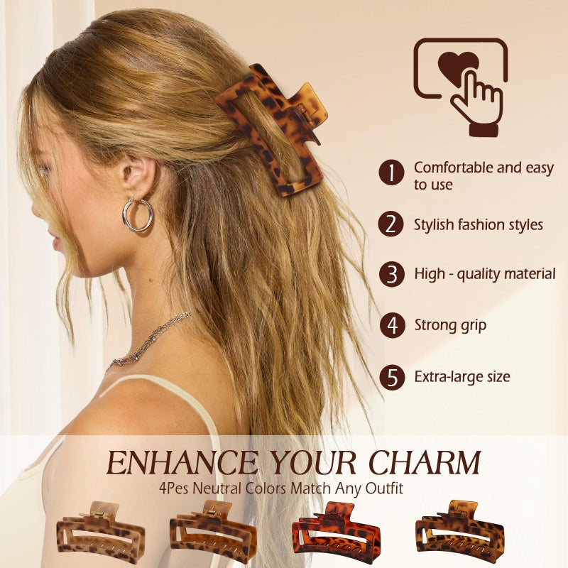 Glaudmeiss 4 PCS 5 Inch Extra Large Claw Clips for Women, Tortoise Shell Jumbo Claw Clips for Thick Long Curly Hair, Oversized Matte Non-slip Rectangle, Durable Strong Hold Hair Clip,Non-slip Square Jaw Clip - Image 2