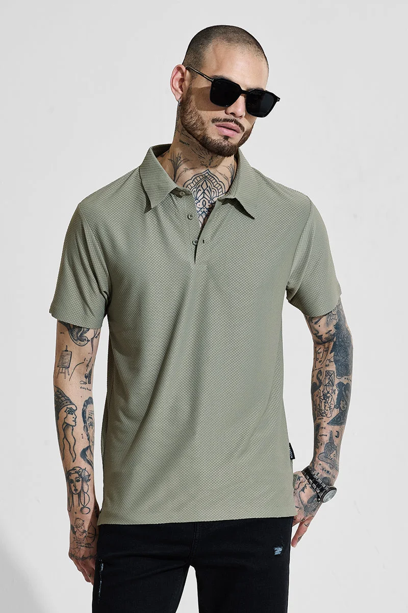 SNITCH Sage Green Textured Polo Slim Fit T-Shirt