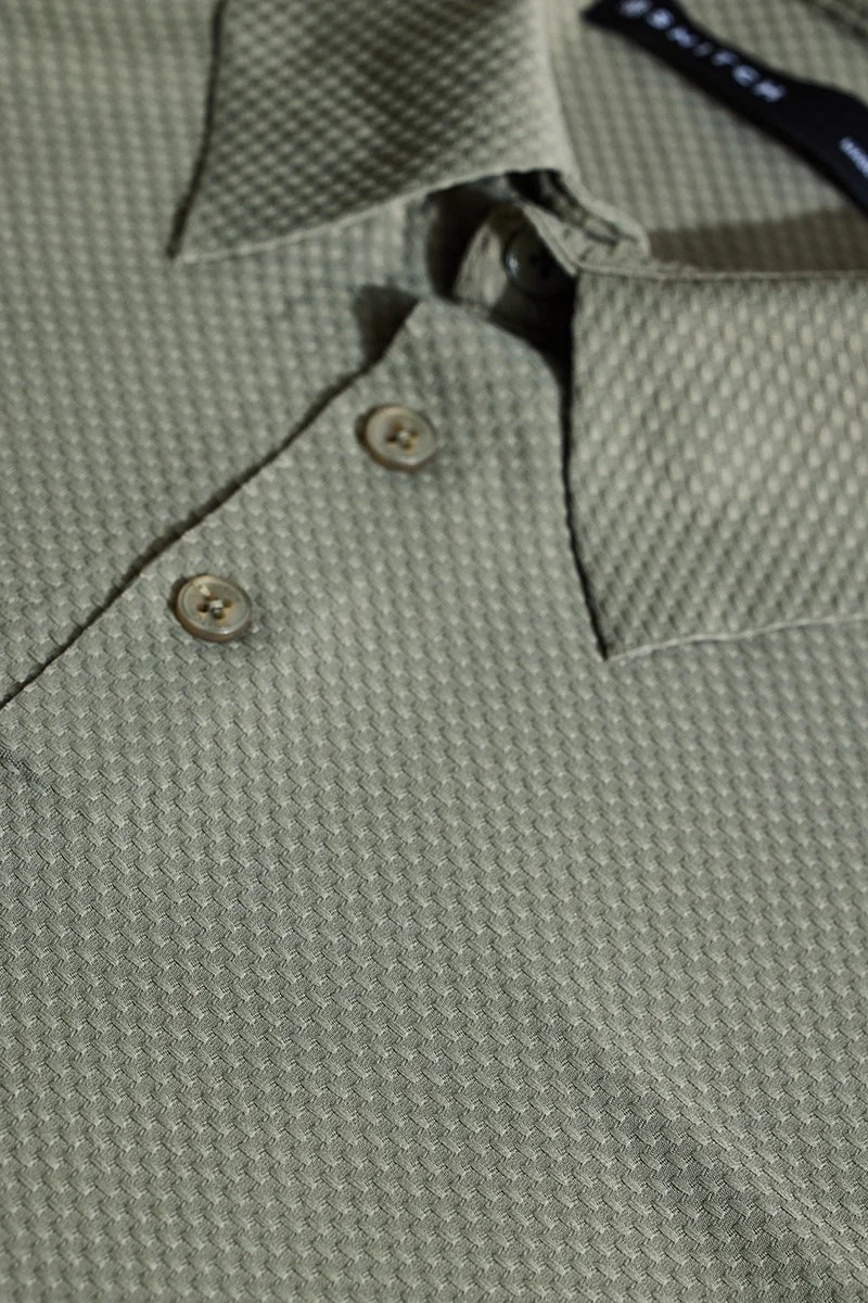 SNITCH Sage Green Textured Polo Slim Fit T-Shirt