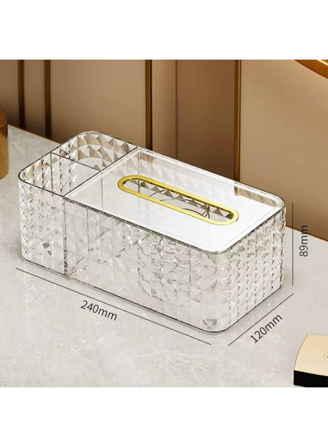Generic Clear Acrylic Tissue Box Holder with Makeup Organizer – Crystal Design Tissue Box with Gold Trim for Home, Office, Bathroom & Vanity Storage - Multicolor - Image 4