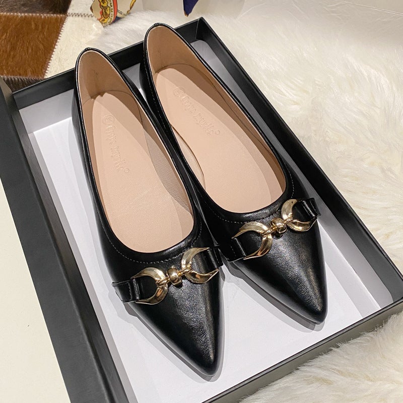 New Style Pointed Toe High Heels Horsebit Shallow Mouth Thick Heels Soft Leather Soft Sole Flat Casual Commuting Shoes Fashionable - Image 3