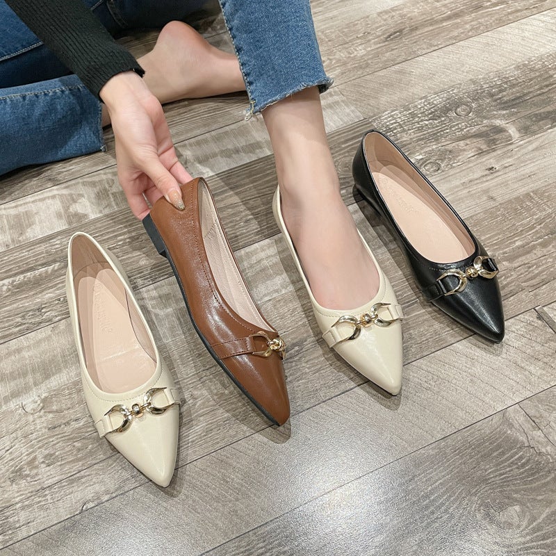 New Style Pointed Toe High Heels Horsebit Shallow Mouth Thick Heels Soft Leather Soft Sole Flat Casual Commuting Shoes Fashionable - Image 5