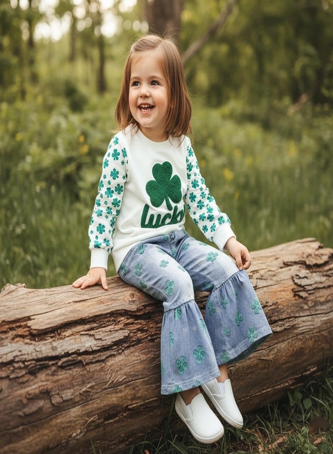 Amnnchya Toddler Girl St Patricks Outfit Lucky Clover Sweatshirt Bell Bottoms Jeans Little Girls Spring Fall Winter Clothes (White, 4-5T) - Image 5