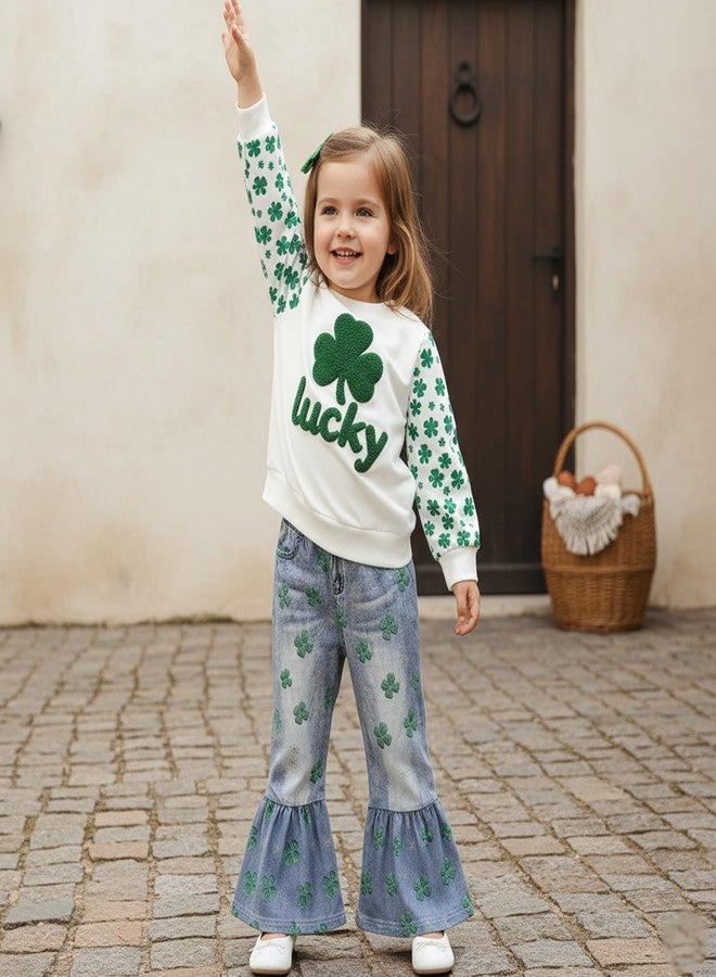 Amnnchya Toddler Girl St Patricks Outfit Lucky Clover Sweatshirt Bell Bottoms Jeans Little Girls Spring Fall Winter Clothes (White, 4-5T) - Image 2