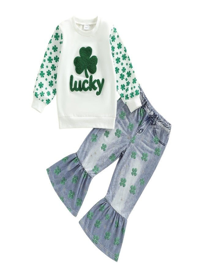 Amnnchya Toddler Girl St Patricks Outfit Lucky Clover Sweatshirt Bell Bottoms Jeans Little Girls Spring Fall Winter Clothes (White, 4-5T) - Image 1