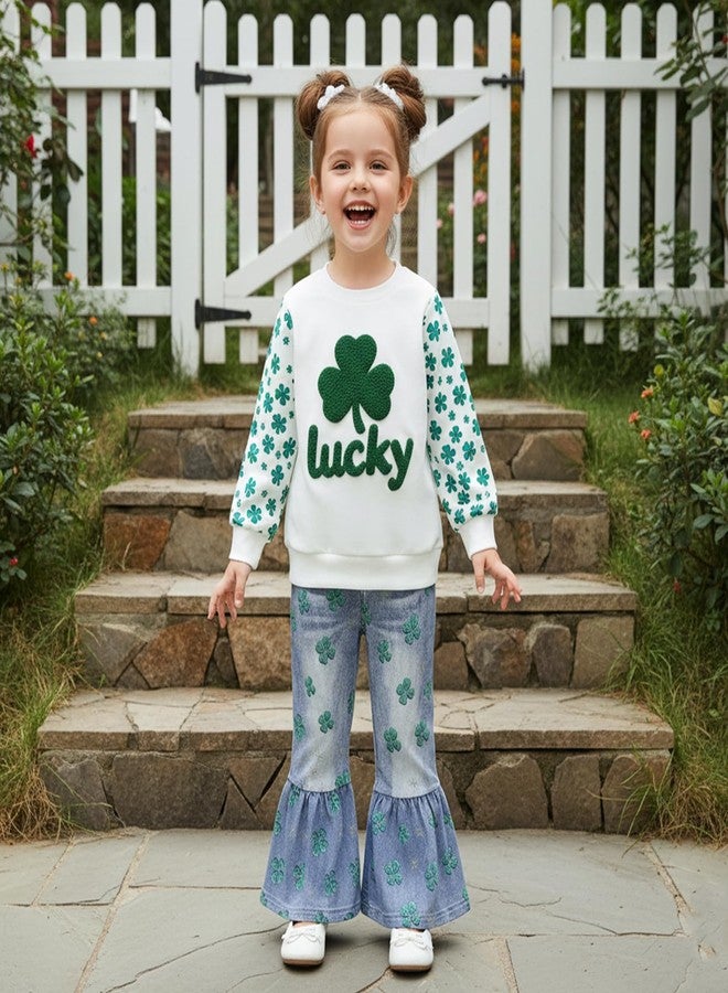 Amnnchya Toddler Girl St Patricks Outfit Lucky Clover Sweatshirt Bell Bottoms Jeans Little Girls Spring Fall Winter Clothes (White, 4-5T) - Image 4