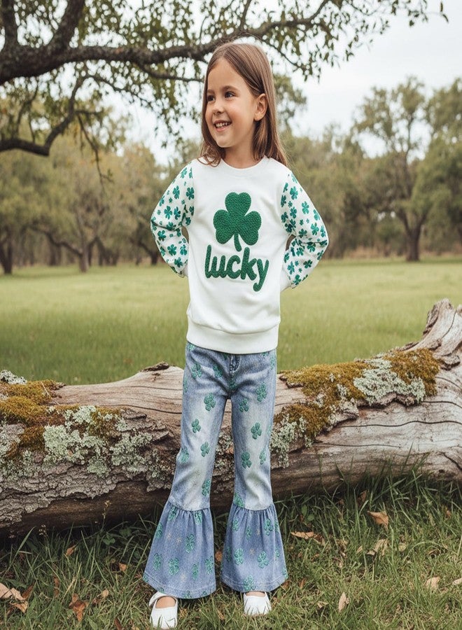 Amnnchya Toddler Girl St Patricks Outfit Lucky Clover Sweatshirt Bell Bottoms Jeans Little Girls Spring Fall Winter Clothes (White, 4-5T) - Image 3