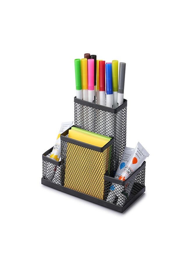 Huron Pen Holder and Desk Organizer Caddy, 4 Compartment Storage for Pencils Pens Sticky Notes Office Desk Accessories for Home Office,Black Steel Mesh (1/4/24/96) (1 pc) - Image 1