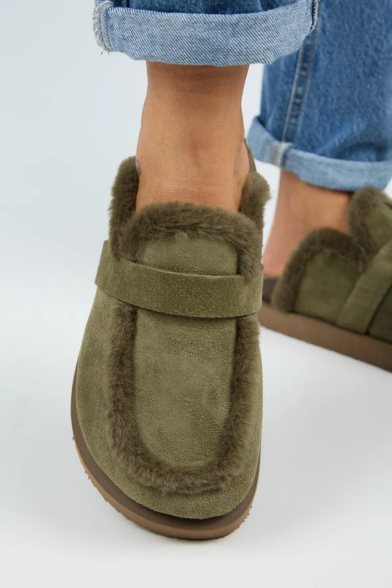Manijero Manijero (Beginner Platform) Women's Genuine Leather Fur-Lined Loafer Platform Slippers Khaki