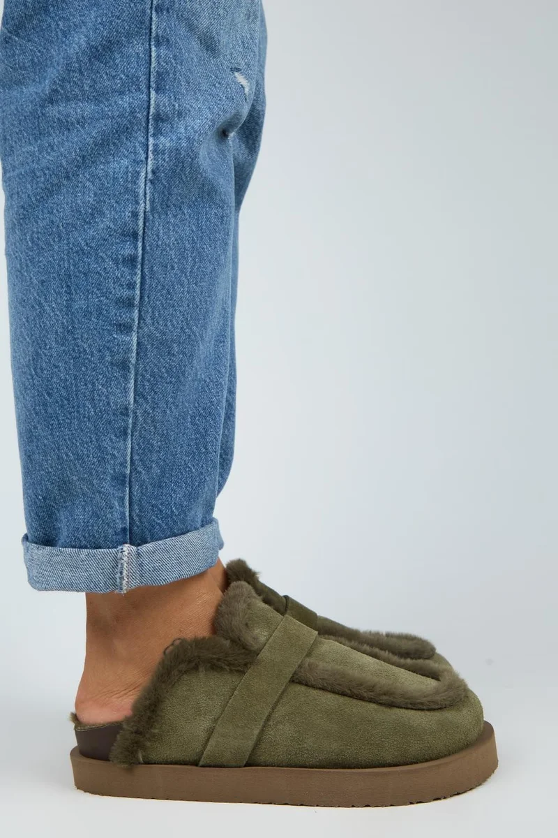 Manijero Manijero (Beginner Platform) Women's Genuine Leather Fur-Lined Loafer Platform Slippers Khaki