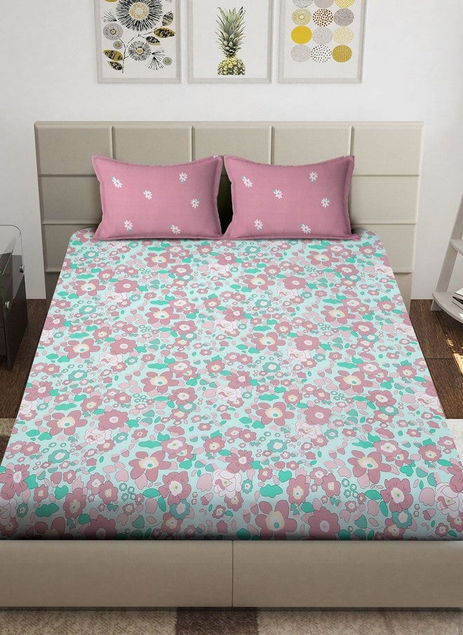 Arrabi Green Floral Polycotton 300 TC King Fine Bedsheet with 2 Pillow Covers - 106 x 102 inches - Image 2